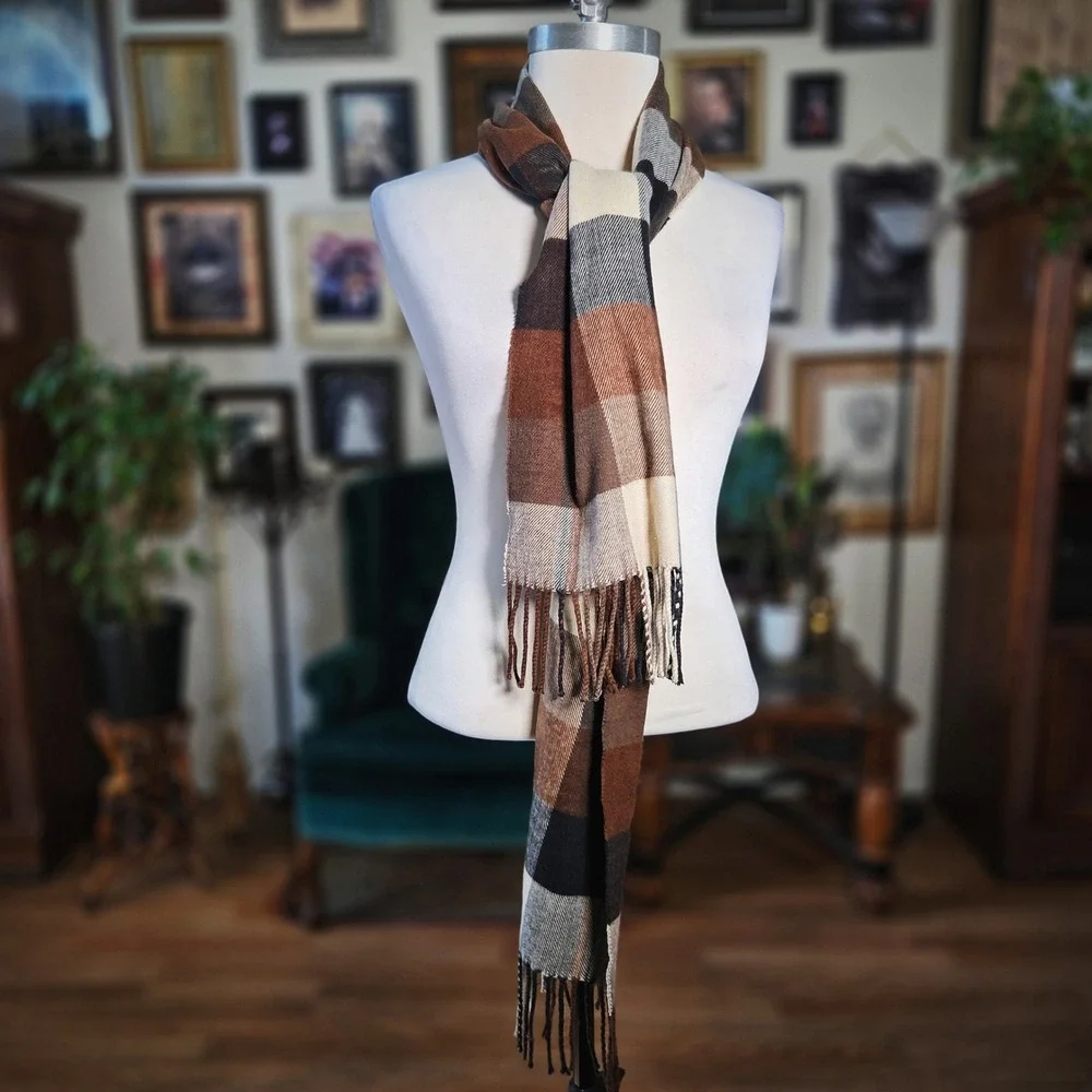 Scarf Brown Plaid Cashmere-Feel Acrylic Soft Winter Neckwear Fringe Wrap Unisex
